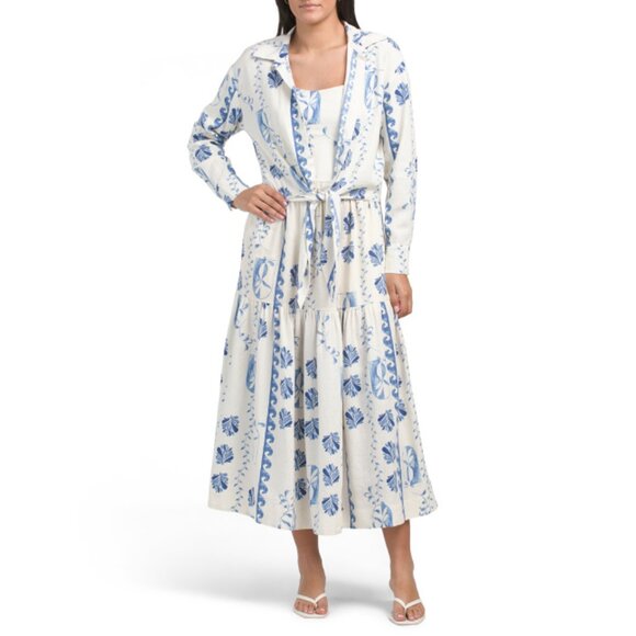 CALYPSO ST. BARTH Blue 2pc Linen Printed Wrap Jacket And Dress Set - Picture 1 of 2